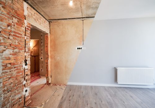 Comparison of apartment with central heating before and after restoration or refurbishment. Old room with brick walls and new renovated room with parquet floor and heating radiator.